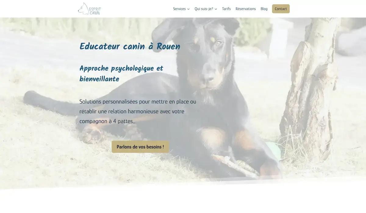 hero banner du site internet Esprit canin réalisé par L'atelier Web 301 montrant un jeune beauceron près d'un arbre